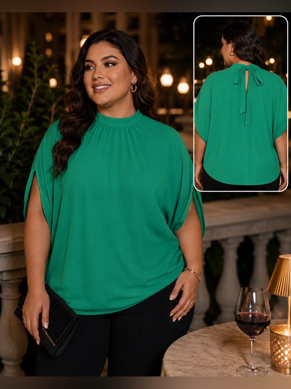 SHEIN Batwing Sleeve Stand Collar Tie Back EUC